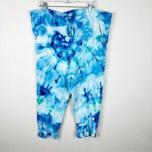 Jams World Blue Tie Dye Linen Crop Pants Artsy Lagenlook Medium